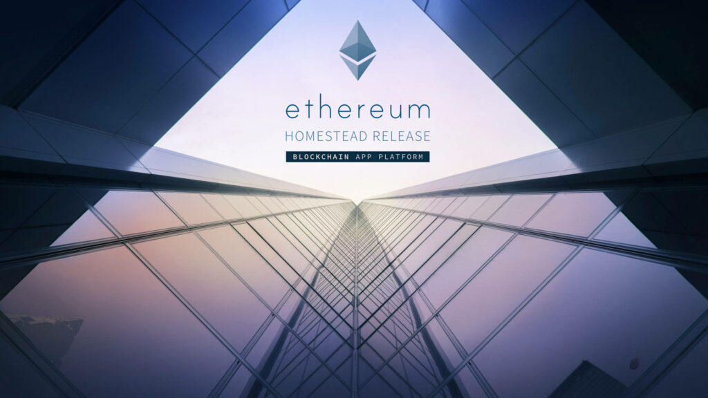 Futuristic Ethereum Homestead wallpaper with geometric cityscape blue violet mirrored skyscrapers