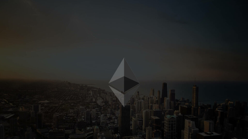 Ethereum icon above modern cityscape at dusk showcasing digital innovation and urban growth Wallpaper