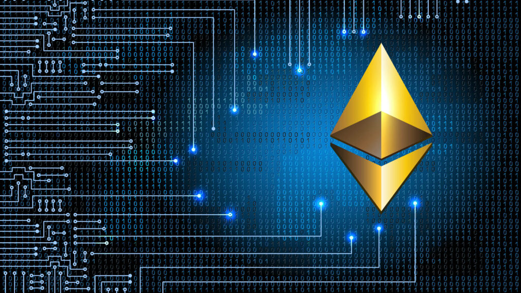Digital Ethereum logo on glowing blue background with binary code and circuit board patterns Wallpaper