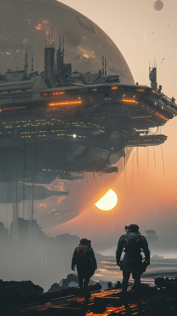Two explorers in futuristic suits walk toward a misty landscape under a massive sci fi space station at sunset with distant planets visible in the sky wallpaper background