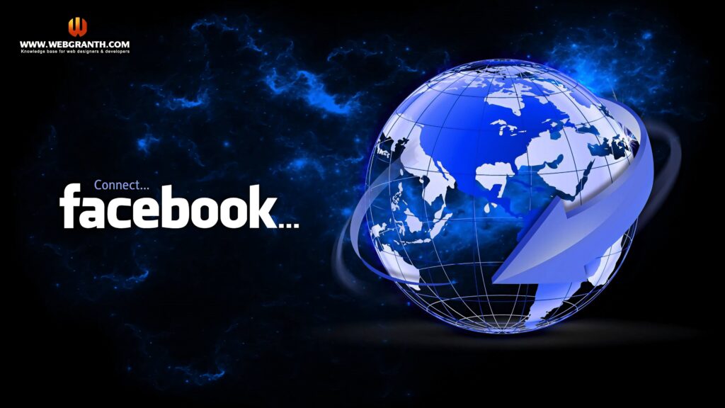 Glowing blue digital globe with Facebook logo on cosmic dark background technology wallpaper