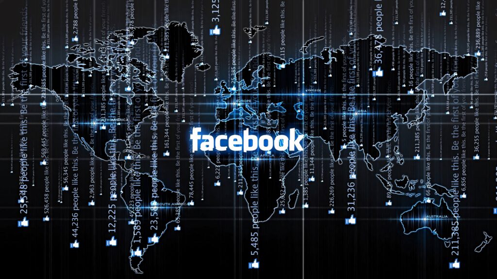 Facebook wallpaper digital world map glowing blue lines like icons binary code background