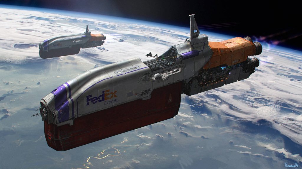 Futuristic FedEx Express spaceships in low Earth orbit with purple orange accents and planet backdrop Wallpaper