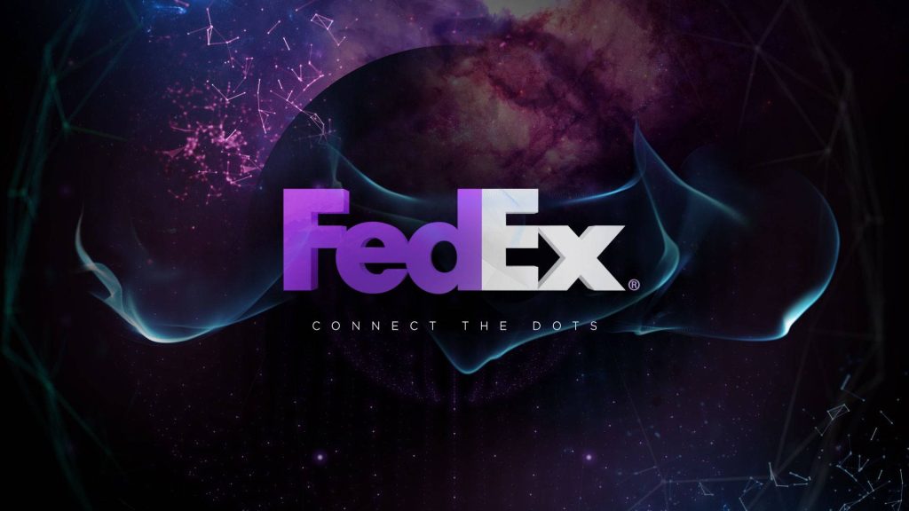 FedEx logo on deep purple nebula background with glowing connect the dots constellation design wallpaper