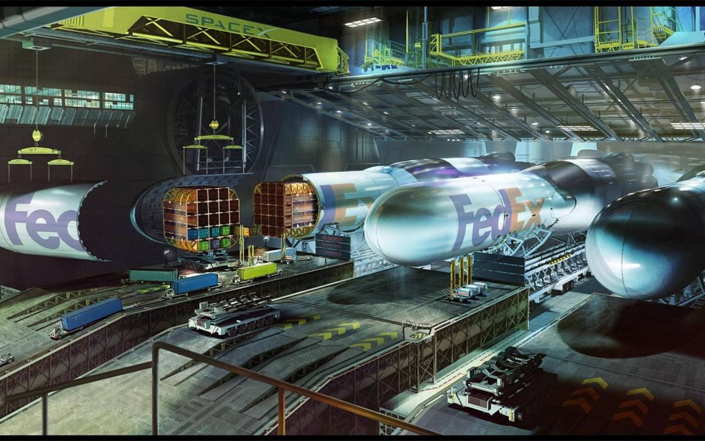 Futuristic spaceport with FedEx spacecraft loading under SpaceX crane industrial sci-fi hangar Wallpaper