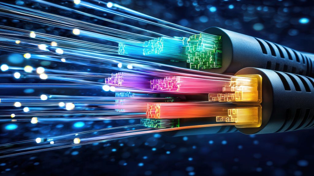 Close-up of glowing fiber optic cables with neon blue purple and orange data streams digital art Wallpaper