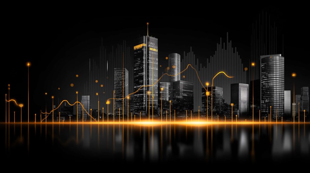 Futuristic fintech city skyline wallpaper with amber glowing financial graphs and data nodes