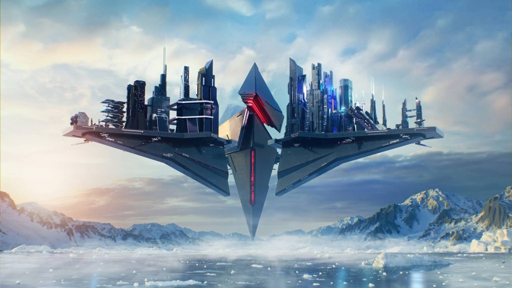 Cinematic CGI futuristic floating city with glowing red towers above snowy frozen landscape wallpaper