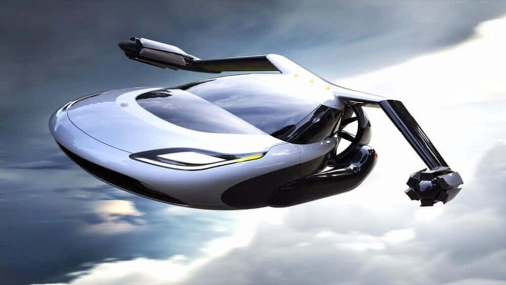 Futuristic Flying Car Wallpaper: Soaring Above Clouds with Advanced Design