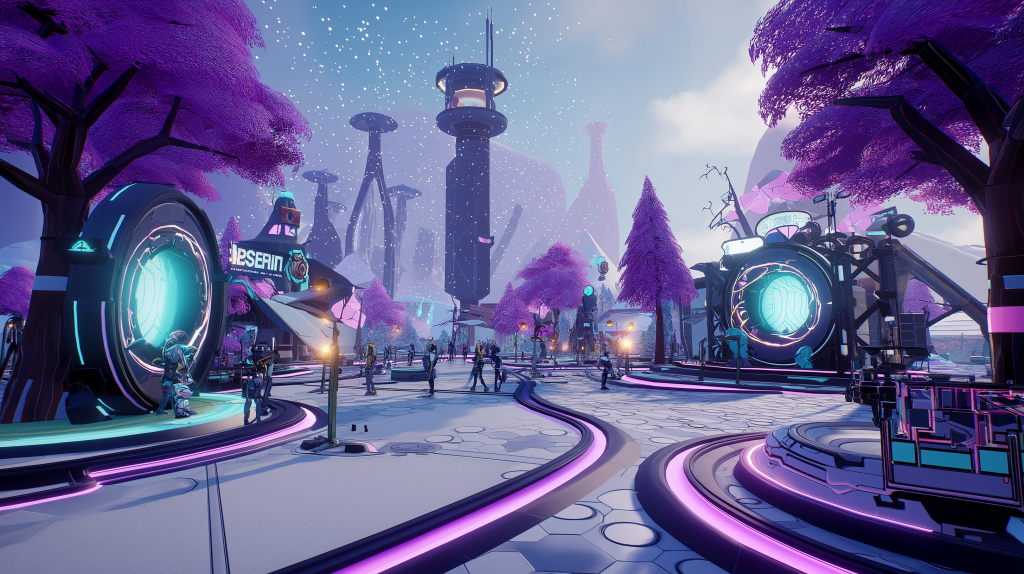 Fortnite inspired sci fi plaza with glowing cyan portals neon paths and purple foliage wallpaper