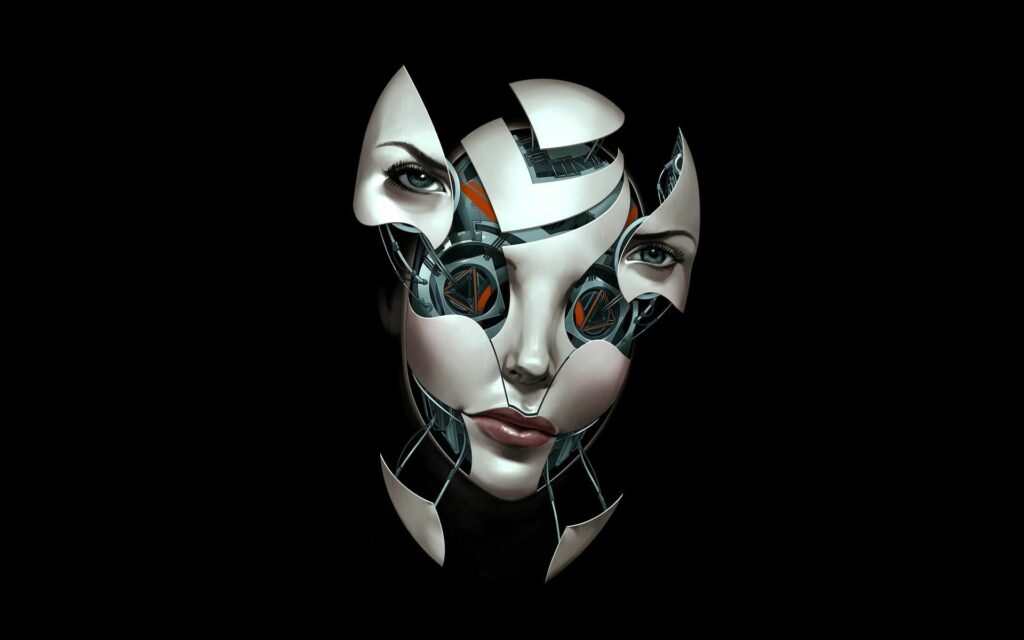 Futuristic Fragmented Robotic Face Wallpaper on Dark Background