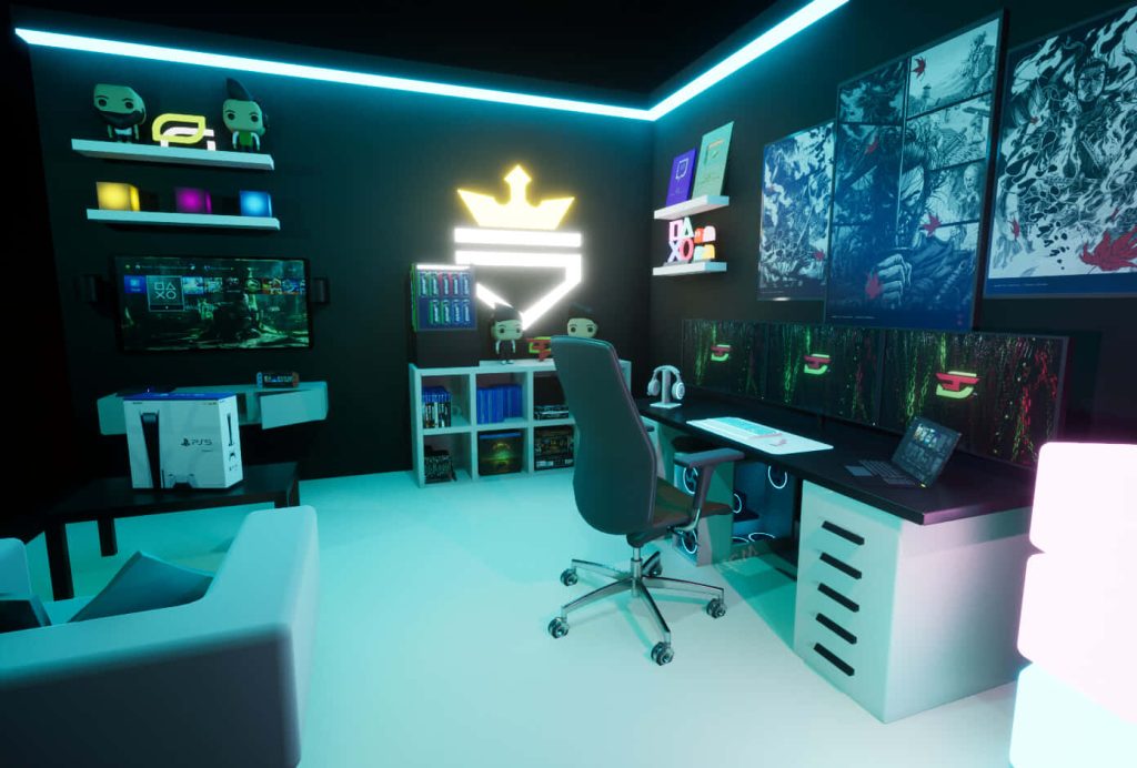Futuristic gaming room with triple monitors PS5 cyan neon lights and Ghost of Tsushima art Wallpaper