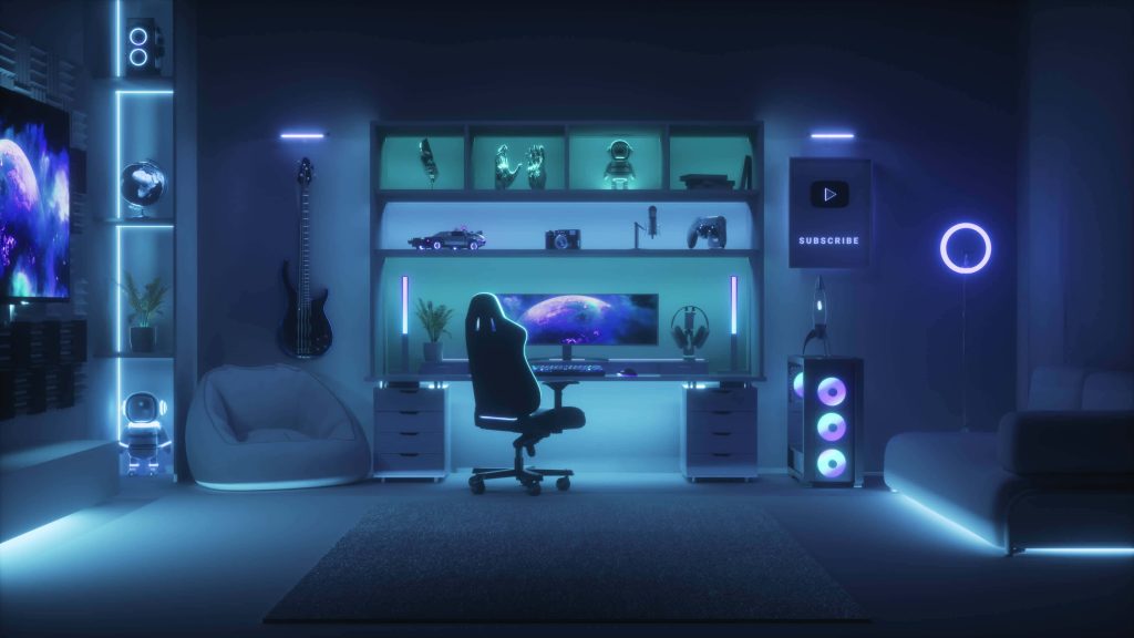 Futuristic gaming room with ultrawide space monitor blue neon lighting RGB PC and cozy bean bag Wallpaper