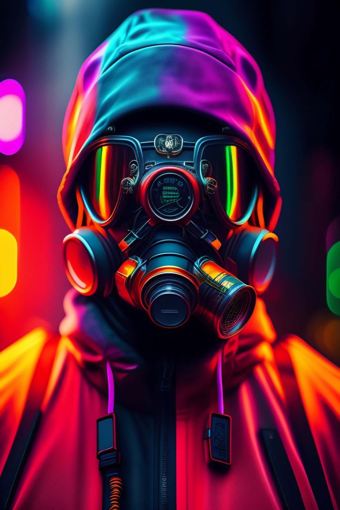 Futuristic gas mask portrait with neon pink orange blue lighting cyberpunk digital art background Wallpaper