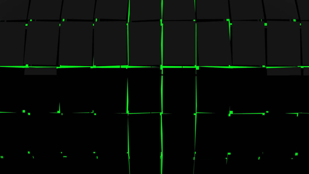 Futuristic Geometric 3D Cage Wallpaper with Green Edges on Dark Background