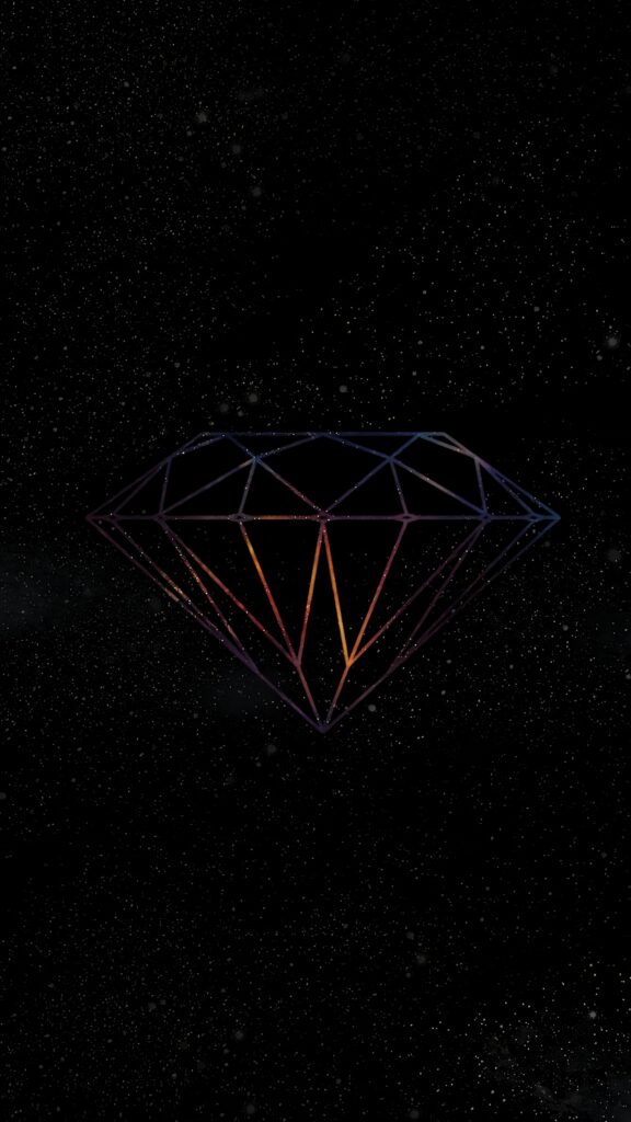 Futuristic geometric diamond with blue orange purple gradients floating on starry black background Wallpaper