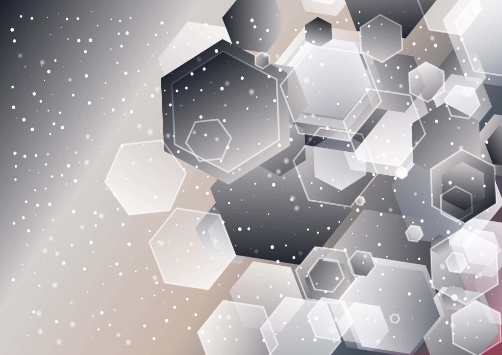 Modern geometric hexagon wallpaper with layered translucent shapes on metallic quicksilver background