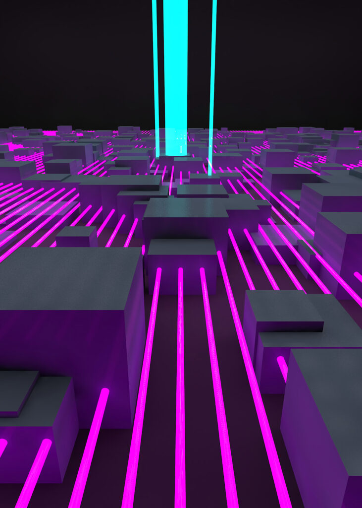 Futuristic Geometric Landscape Wallpaper: Cubes & Magenta Lines
