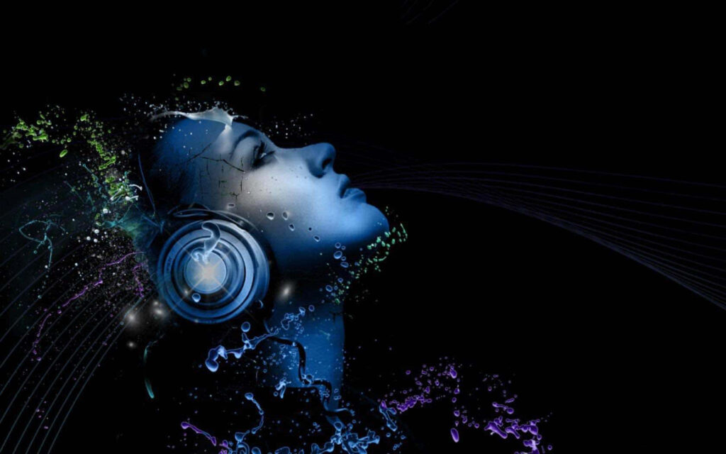Futuristic Girl Art: Glow Headphones & Colorful Abstract Wallpaper