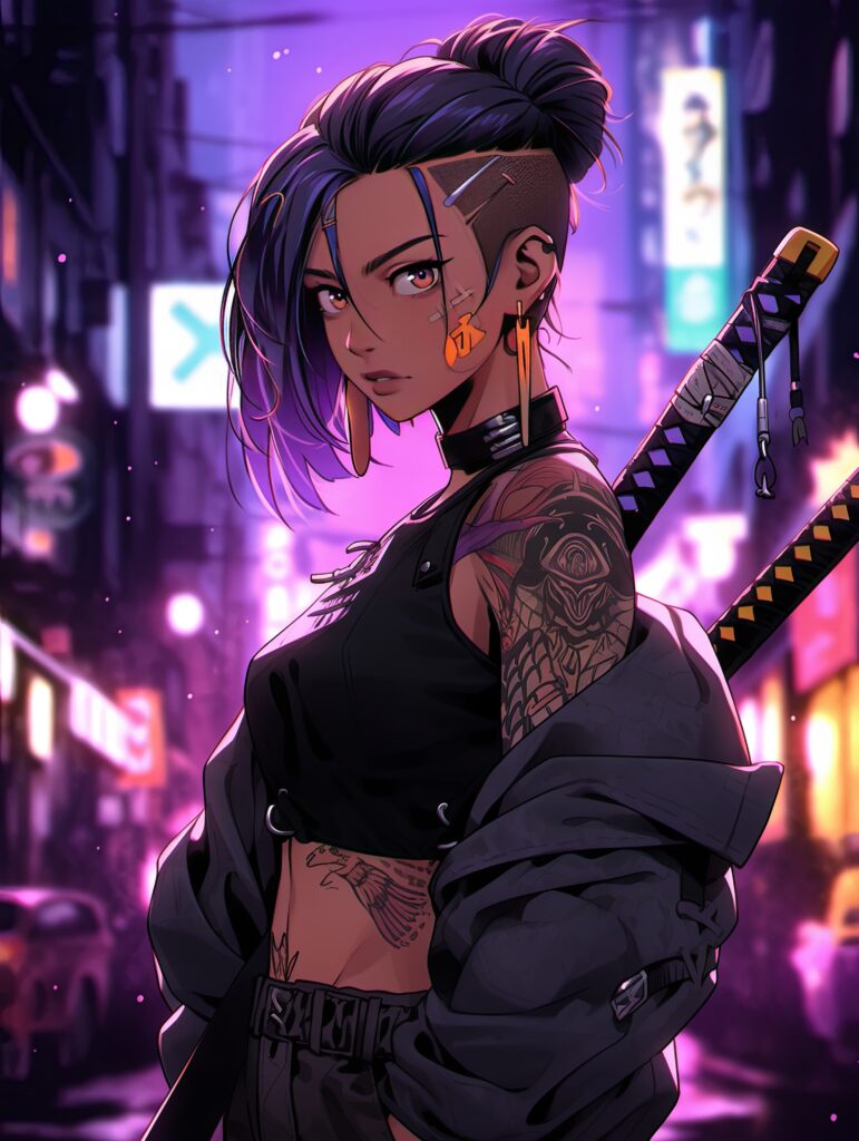 Futuristic Urban Wallpaper: Girl with Tattoos & Katanas in Neon
