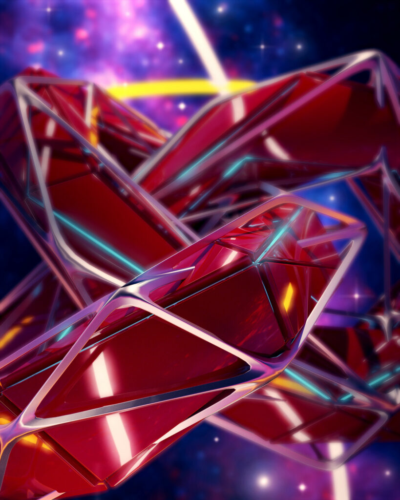 Futuristic Abstract Wallpaper: Glossy Red Shapes on Cosmic Background