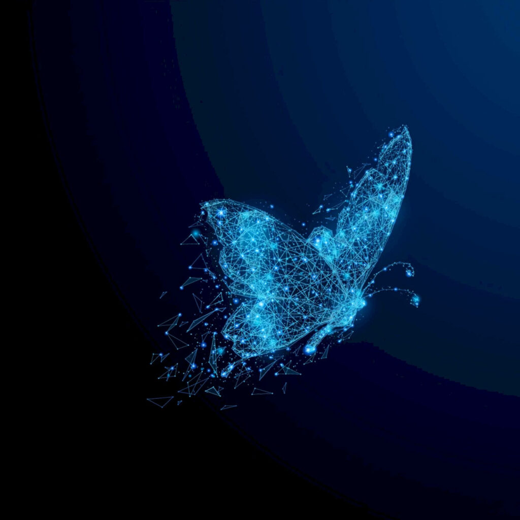 Futuristic Butterfly Wallpaper: Glowing Digital Design on Dark Blue