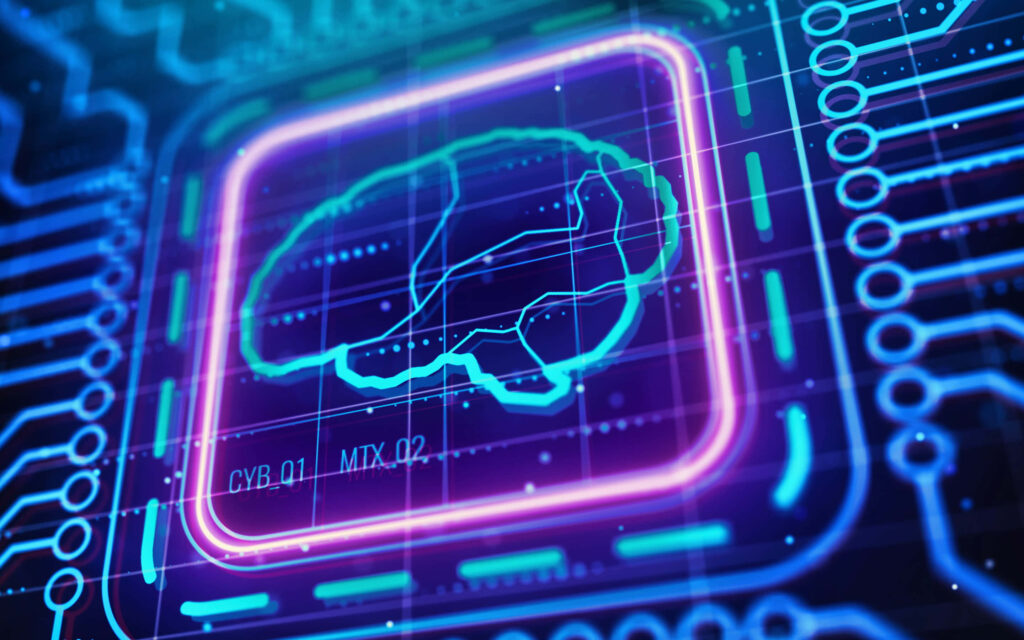 Futuristic Circuit Board with Digital Brain: AI Technology Wallpaper