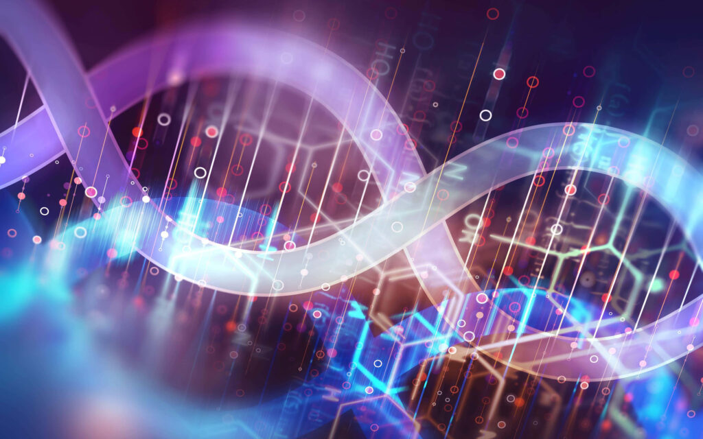 Glowing DNA double helix on abstract digital background with purple blue pink futuristic biotech design Wallpaper