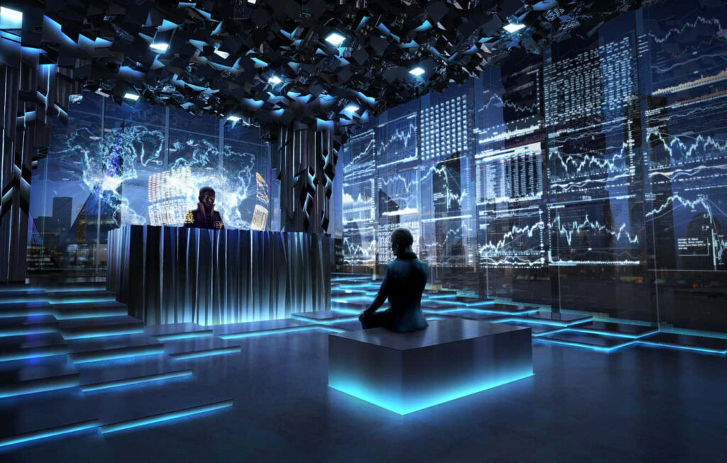 Futuristic Glowing Lobby Wallpaper: High-Tech Sci-Fi Design