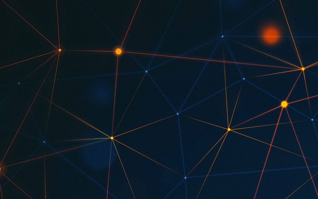 Futuristic digital art with glowing orange nodes and lines on deep blue network background Wallpaper