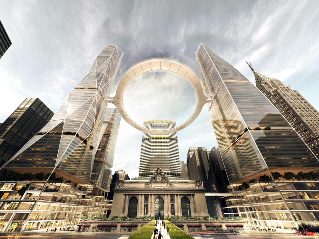 Futuristic Grand Central Station Wallpaper: Glass Structures & Circular Design