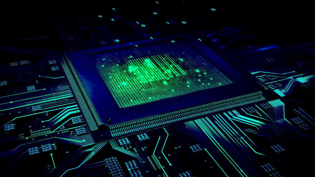 Futuristic Green & Blue Chipset Wallpaper for 1366×768 Monitors