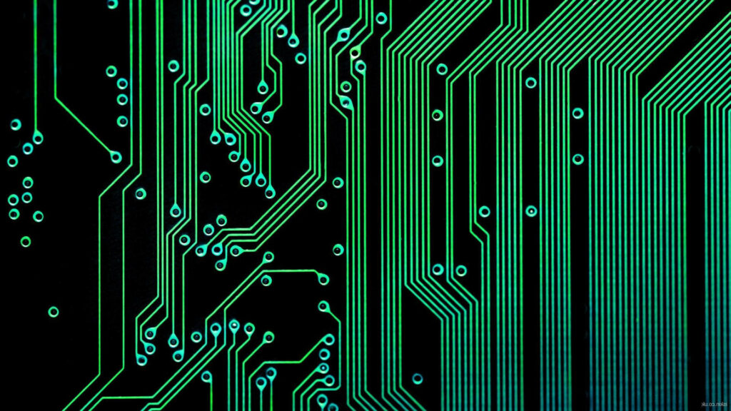 Futuristic Green Circuit Lines Wallpaper on Black Background