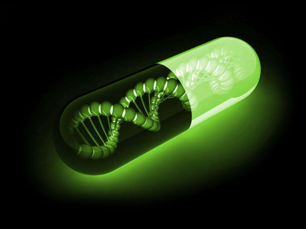 Glowing green capsule with detailed DNA helix symbolizing futuristic biotechnology and genetics Wallpaper