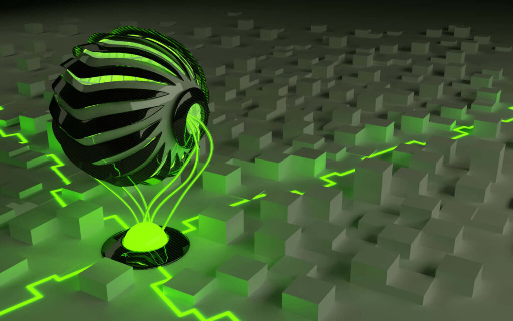 Futuristic Green 3D Sphere Wallpaper on Dark Cybernetic Grid