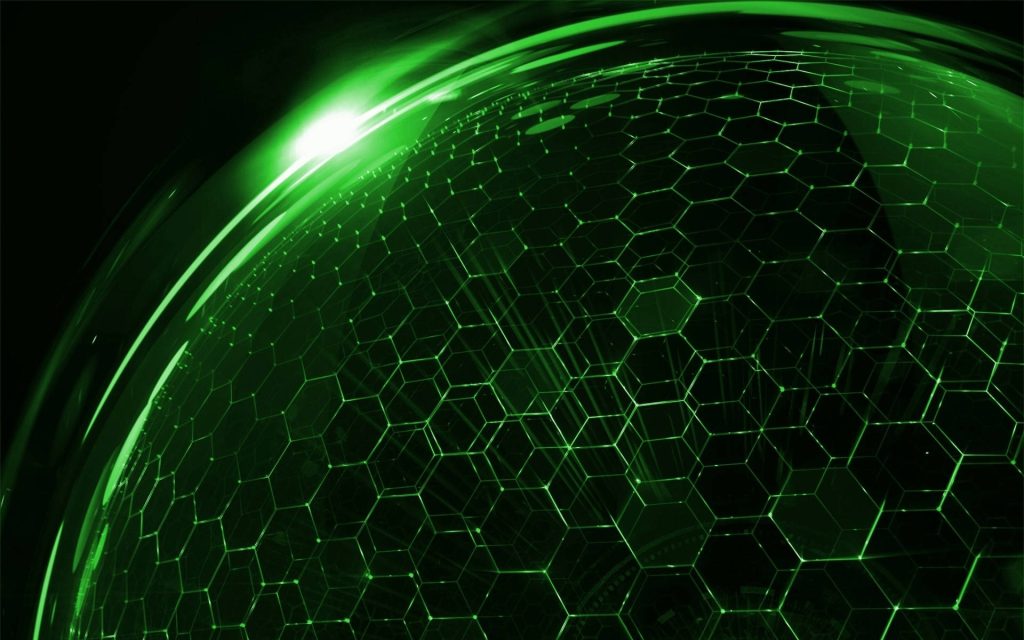 Futuristic green hexagon sphere with glowing neon honeycomb grid on black background wallpaper