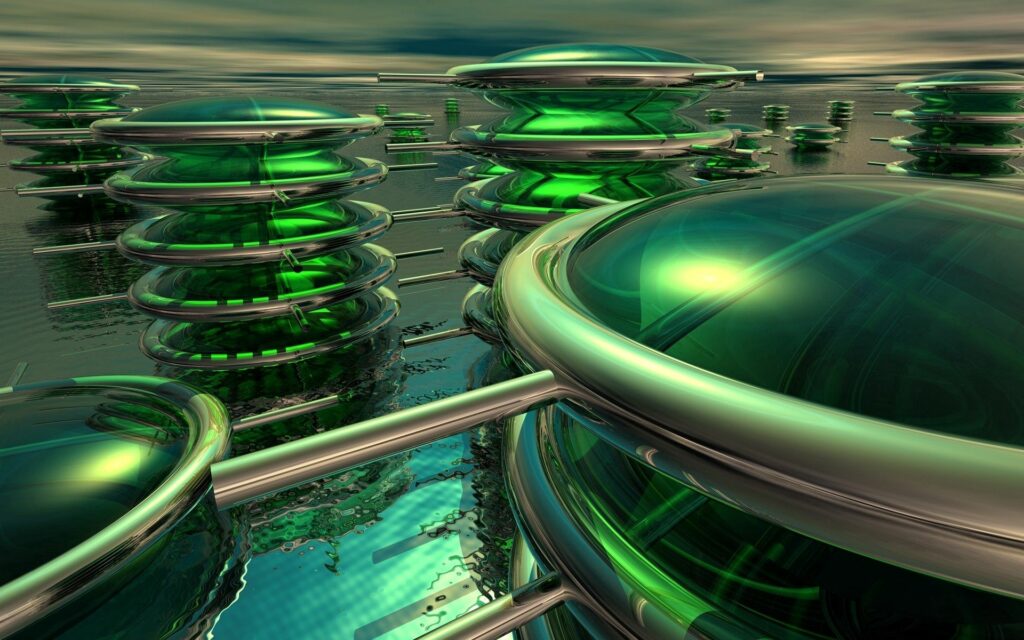 Futuristic Green & Metallic Wallpaper: Sleek Circular Design