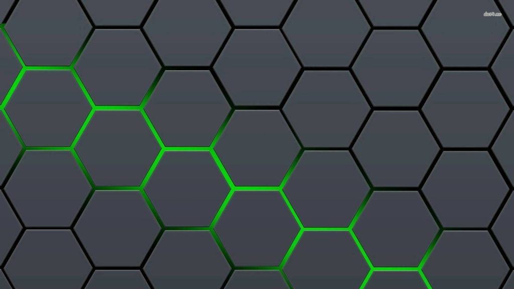 Futuristic dark gray hexagon wallpaper with neon green illuminated outline for modern screens