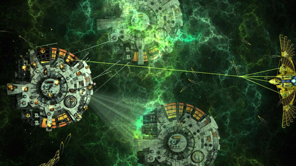 Futuristic Green Space Stations Wallpaper with Glowing Beams