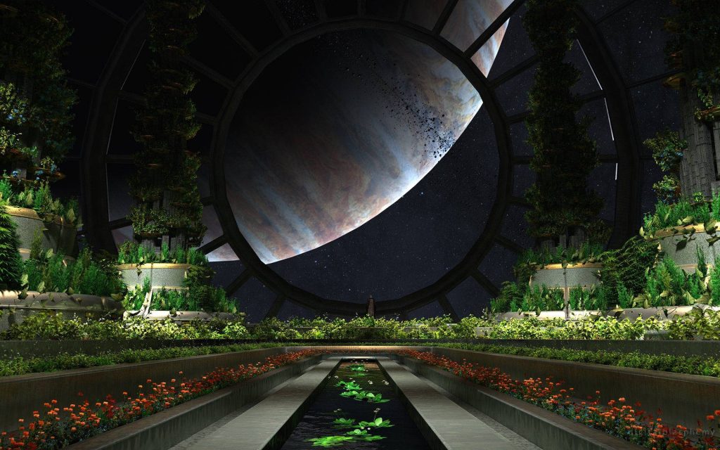 Futuristic greenhouse with lush gardens and giant gas planet view digital sci fi wallpaper background