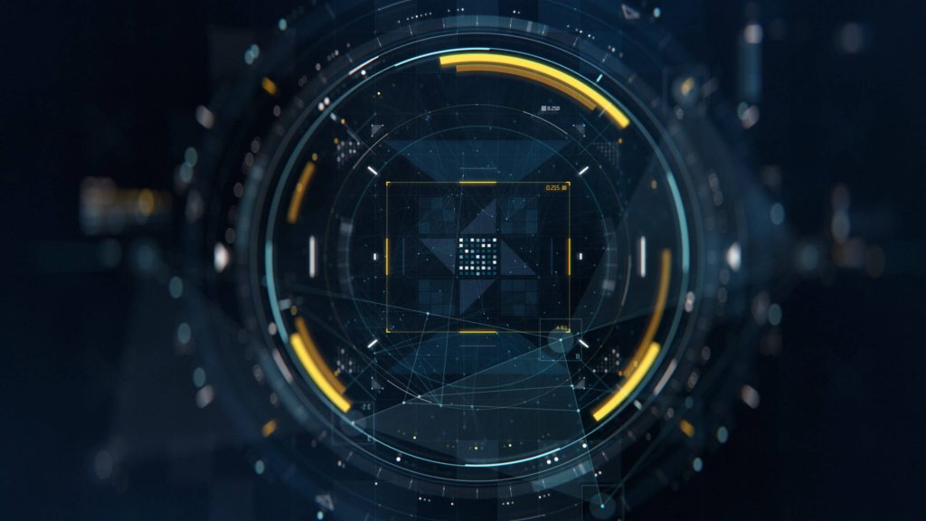 Futuristic HUD wallpaper with glowing blue cyan yellow rings digital sci-fi interface background