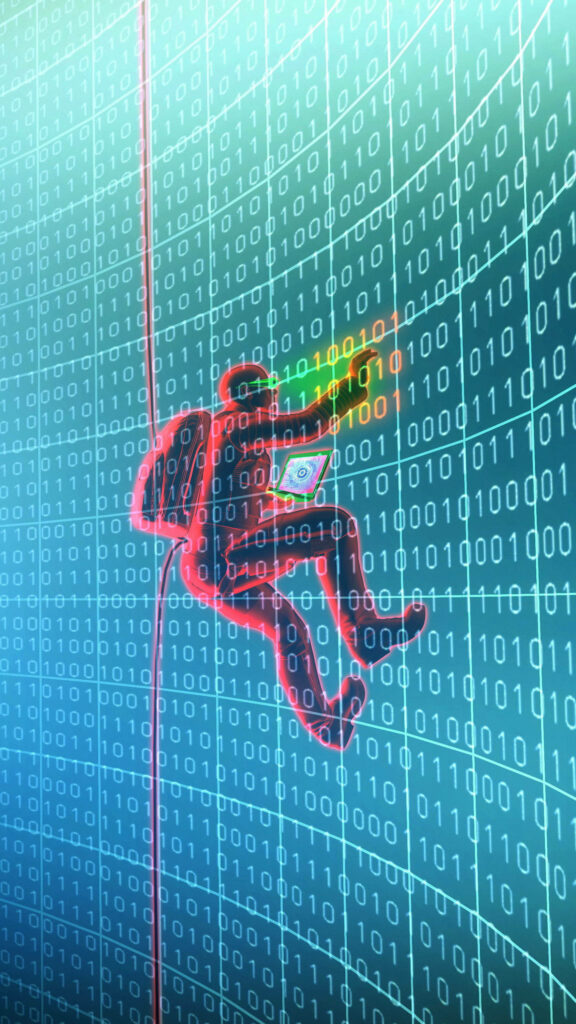 Futuristic Hacker Climbing Binary Wall - Digital Adventure Wallpaper