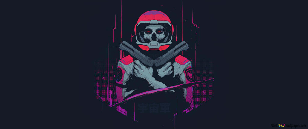 Futuristic Minimalist Wallpaper: Sci-Fi Figure in Bold Magenta & Cyan