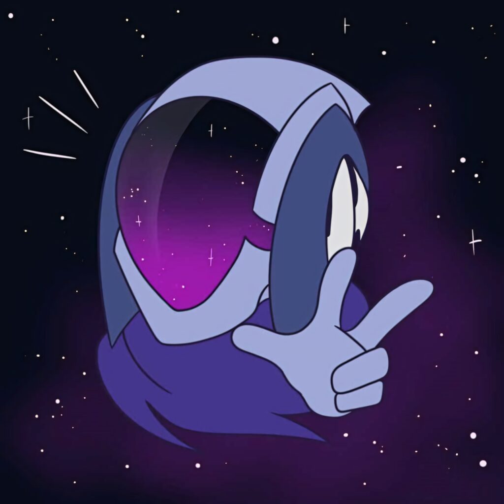 Futuristic character with glowing visor and cosmic purple background digital art wallpaper