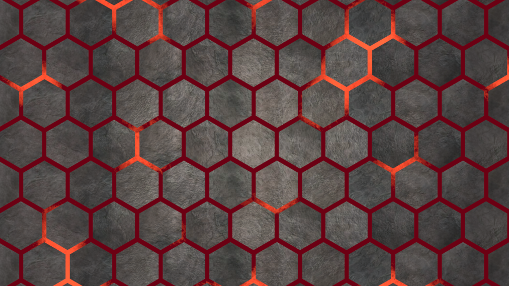 Dark textured stone hexagon pattern with glowing neon orange red lines futuristic wallpaper