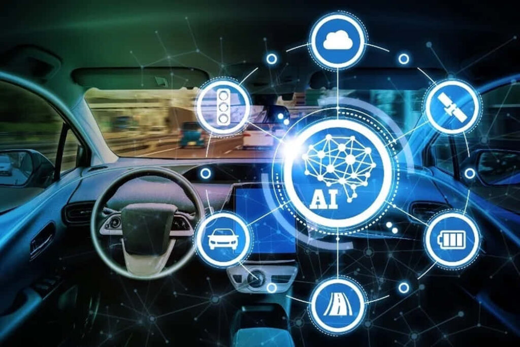 Futuristic AI Car Dashboard Wallpaper with Dynamic Interface Elements