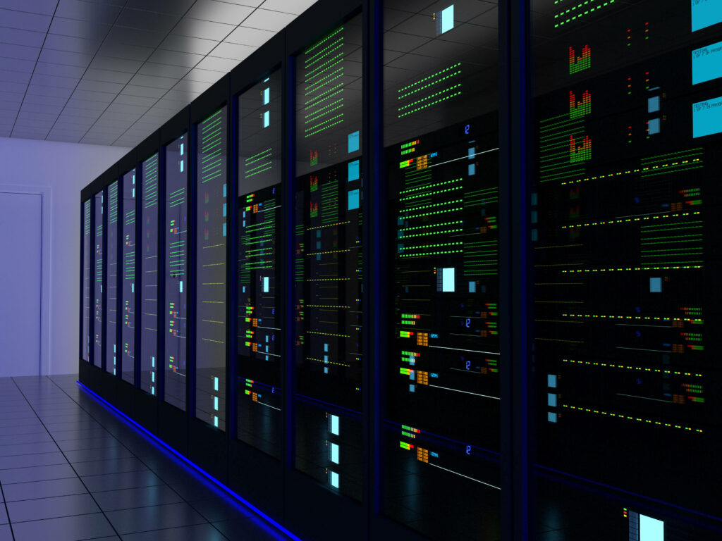 High-tech data center with illuminated server racks blue LED lights glossy reflective floor Wallpaper