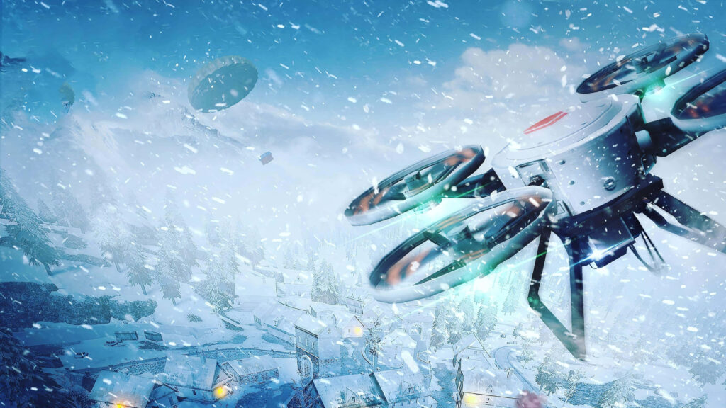 High-tech drone flying over snowy village with glowing lights in futuristic winter landscape wallpaper