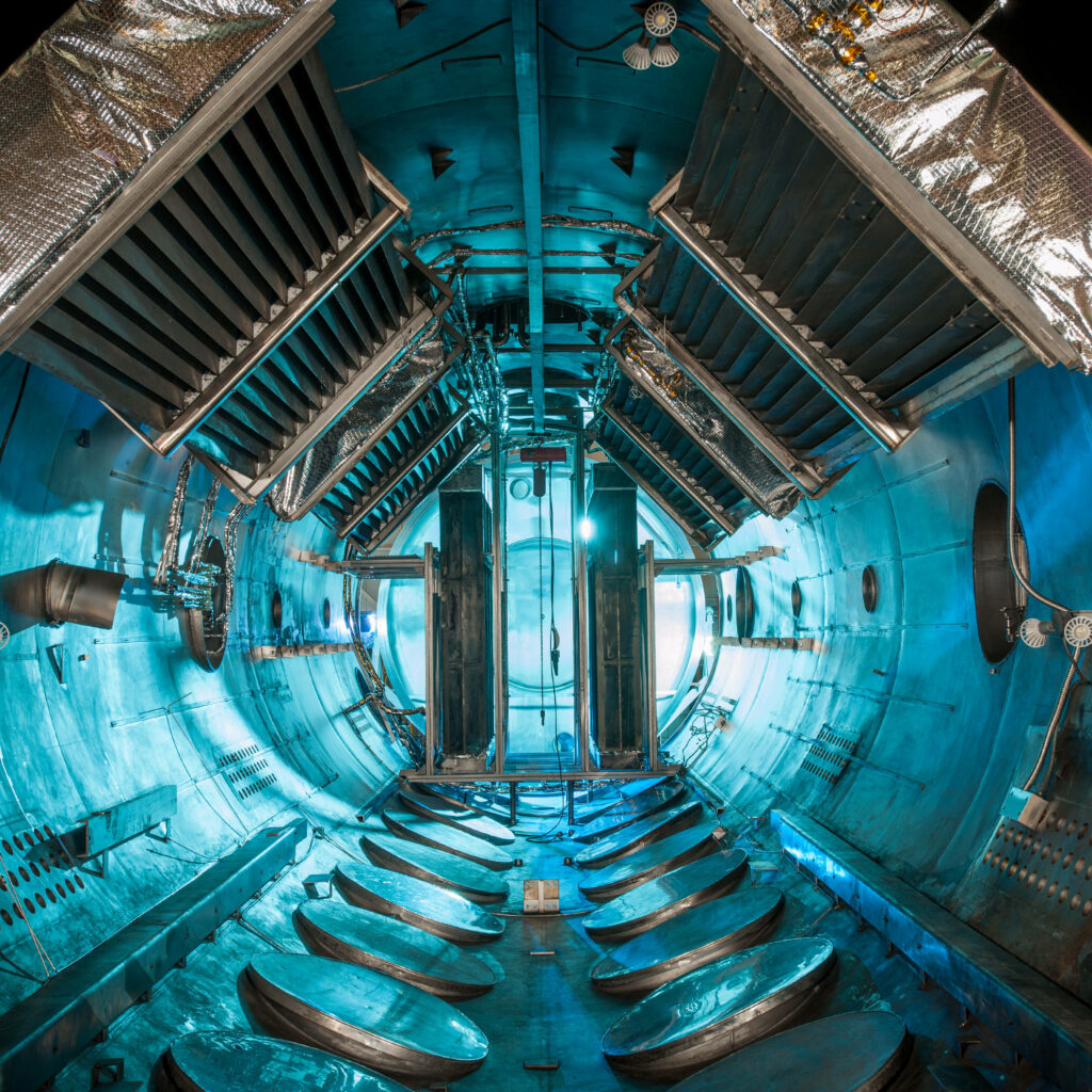 High-Tech Futuristic Facility Wallpaper in Cool Blue Light