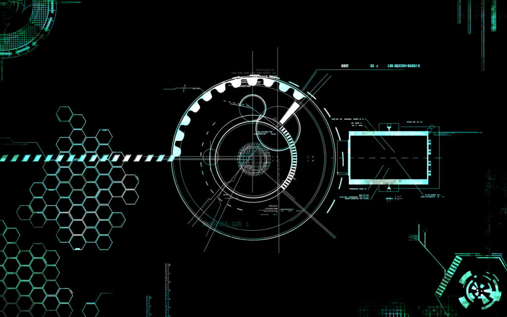 Futuristic Wallpaper: High-Tech Interface with Gears & Hexagonal Pattern